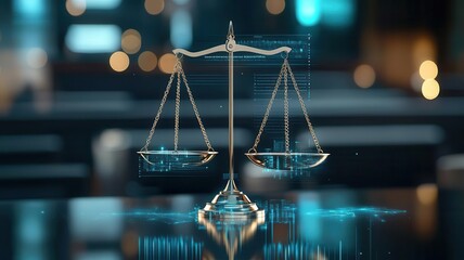Fototapeta premium Law restriction guidelines concept. Holographic guidelines projected above scales of justice, restrained by digital locks, law restriction, modern legislative control