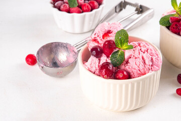 Homemade cranberry ice cream, creamy winter berry gelato with fresh cranberry and mint sprig in ceramic bowl