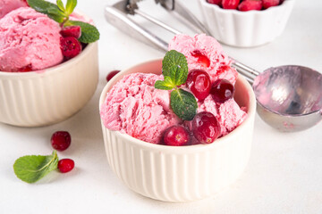Homemade cranberry ice cream, creamy winter berry gelato with fresh cranberry and mint sprig in ceramic bowl
