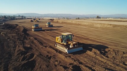 Construction site with multiple bulldozers moving earth, teamwork in action, with clear blue skies in the background, symbolizing progress.