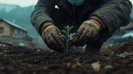 Elderly people in masks tending a fogcovered community garden, closeup on hands planting seedlings, realistic, overlay of mist hugging the soil, hope growing