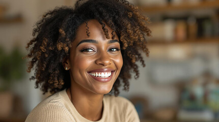 Fototapeta premium Hyper-Realistic Close-Up Portrait of Smiling Black Woman with Curly Hair and Natural Smile