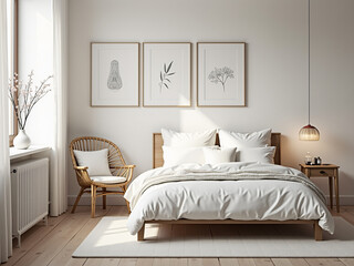 Fototapeta premium A cozy and inviting bedroom featuring a double bed with soft white linens, decorative pillows, and a stylish rattan chair, all bathed in natural light for a tranquil vibe.