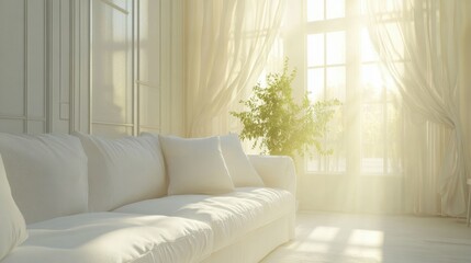 Fototapeta premium Elegant living room with white sofa, isolated with natural sunlight