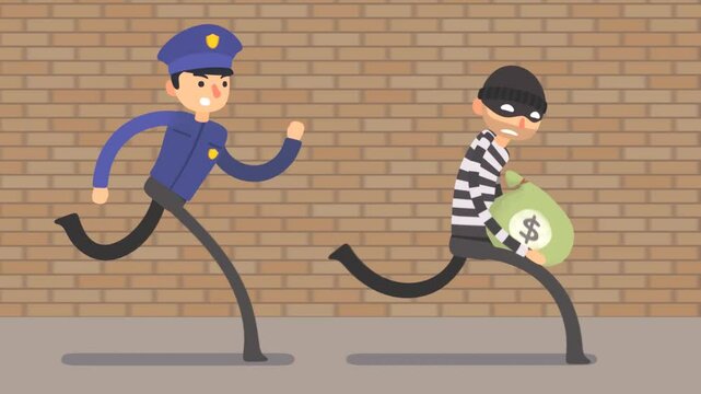 2d animation of thief with bag of money running away from policeman
