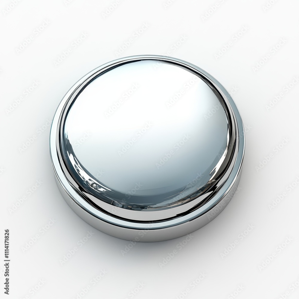 Poster sleek chrome button design with a reflective surface showcased on a white background for a polished 