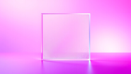 Minimalist frosted glass rectangle on a neon pink and blue gradient background