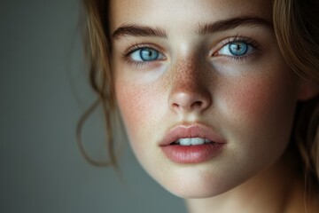 Fototapeta premium A captivating portrait of a young woman with stunning blue eyes and natural beauty. The soft lighting enhances her features and gives an artistic touch. Generative AI
