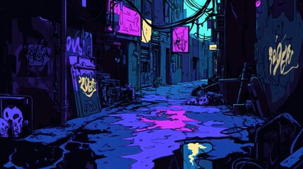 Colorful neon alleyway with artistic graffiti at night. Generative AI