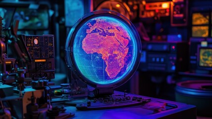 Illuminated Globe Displays Global Data In A Dark Room