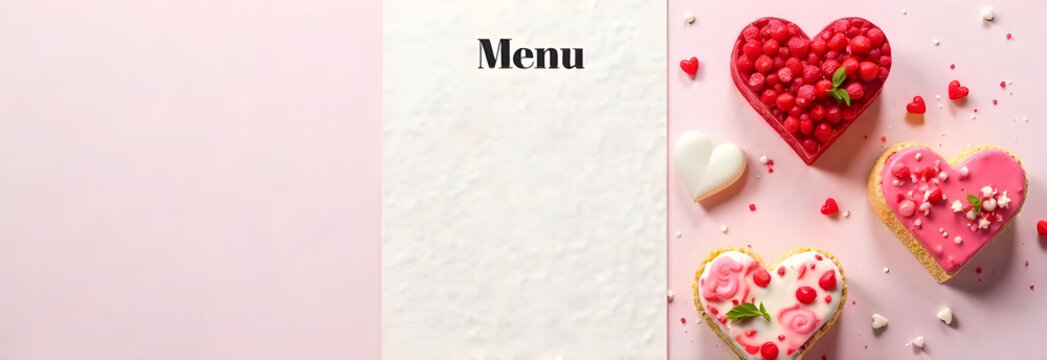 A charming menu layout surrounded by heart-shaped desserts with vibrant red and pink details. Perfect for Valentine's Day promotions, bakery advertising, or romantic event designs. Selective focus