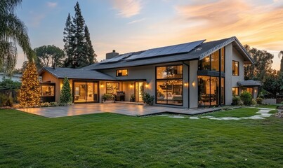 Naklejka premium A sleek, modern home with solar panels on the roof and LED lights around it at dusk, showcasing energy efficiency