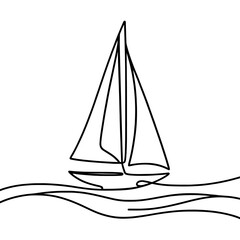 Linear boat or yacht icon isolated on white background. Black hand drawn yacht symbol. Vector illustration