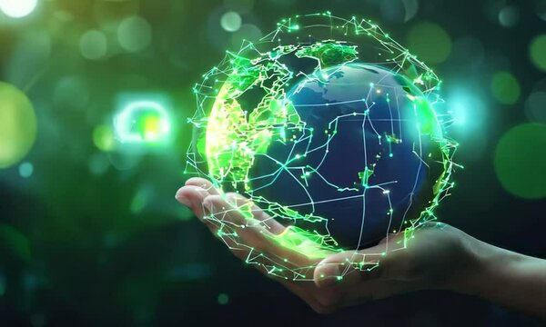 Global Network Connection Sustainability Digital World Concept  in Hands Protecting Planet Earth Ecology