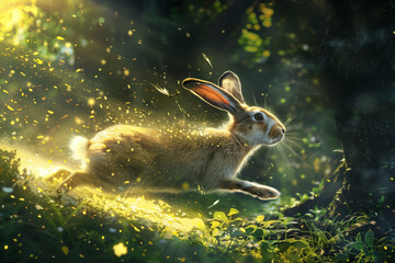 A rabbit racing through a magical forest, leaving a trail of sparkling dust behind.