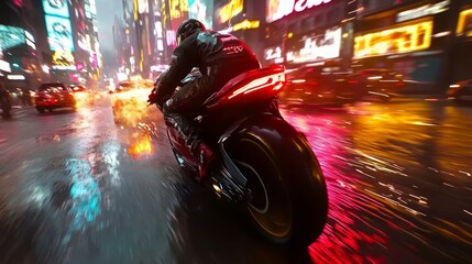 Vibrant motorcycle ride through a neon city at night. Generative AI