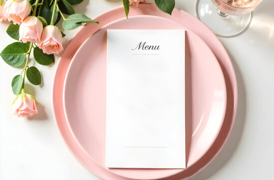 A delicate composition of pink roses and elegant tableware surrounding a menu card with copy space. Perfect for wedding designs, romantic dinner themes, or hospitality promotions. Selective focus
