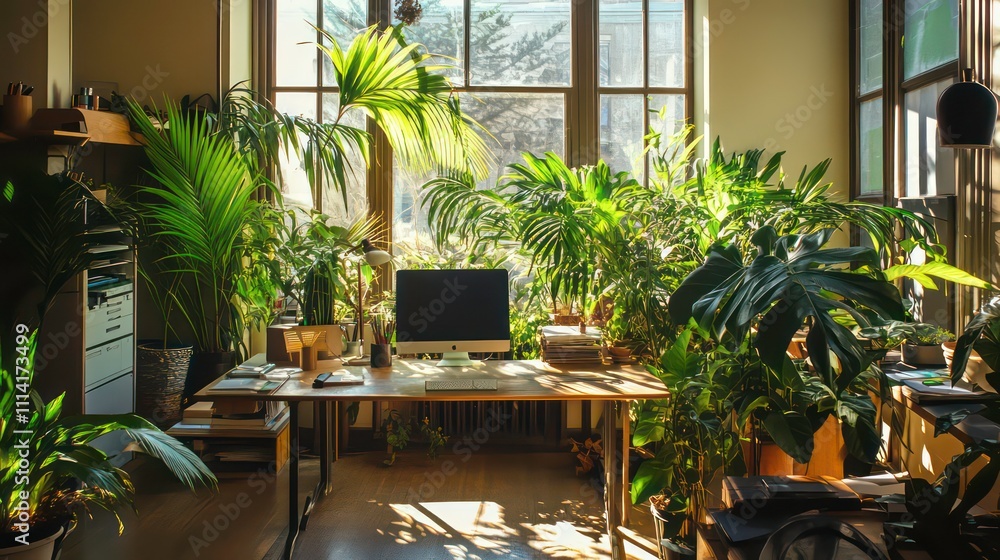 Poster sunlit office space filled with lush greenery and plants surrounding a desk with a computer.