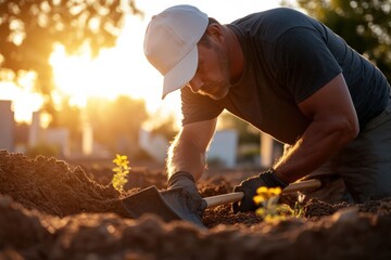A gardener works diligently in a serene graveyard, representing care and dedication in preserving a peaceful resting place filled with vibrant life among gravestones.