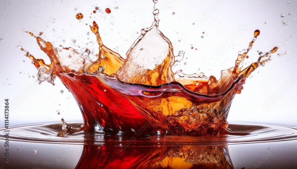 Poster soda spilled in an abstract puddle on a pristine white surface capturing the fluid motion and dynami
