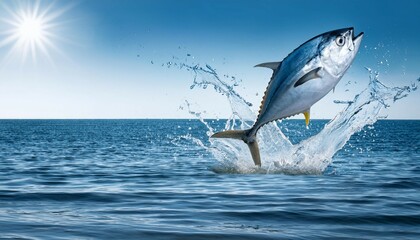 Fototapeta premium minimalist tuna fish jumping water splash high resolution photo