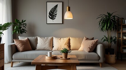 Wooden table in front of couch in spacious living room interior with plants and lamps. Real photo