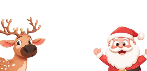 Fototapeta premium Cartoon Santa Claus and reindeer side by side, white background