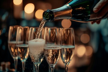 A celebration scene with sparkling champagne being poured into elegant glasses. Perfect for festive occasions and events. Ideal for party themes and joyful gatherings. Generative AI