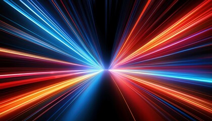 abstract background glowing long exposure and speed effect orange white red and blue neon lights on a black background simple lines