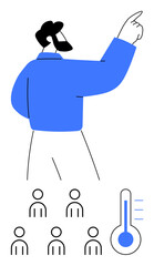 Leader raising hand six people standing below, thermometer on right indicating rising levels. Ideal for leadership, influence, direction, team management, motivation, support, growth. Line metaphor