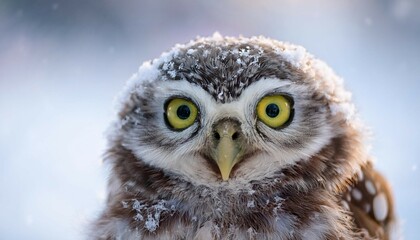 charming young little owl athene noctua with cute expression against a bright blurry snowy background ael adorable wildlife photography