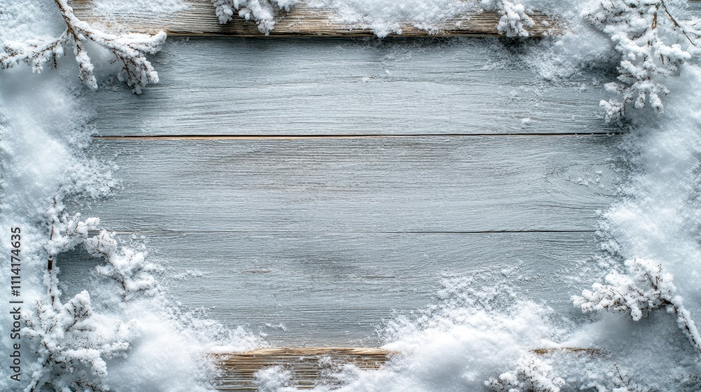 Poster light grey wooden background with snowy frame for a copy space image.