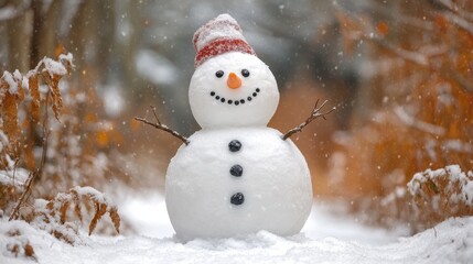 Cheerful snowman with a wide smile standing amidst snow-covered trees, perfect for winter-themed decorations