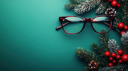 Trendy Glasses with Christmas decoration on green background. New Christmas eyewear collection. Optic store sale banner. Copy space. Winter special offer discount. christmas opthalmologyical concept