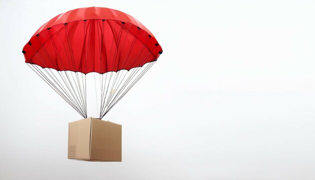 cardboard package with red parachute on white background for delivery concept air drop shipping supplies logistics e commerce package handling and marketing visuals