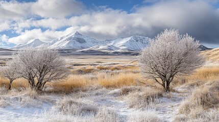 Frosty Trees and Snow Covered Mountains Under a Cloudy Sky