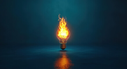 A light bulb with a burning flame on a blue background, representing the concept of ideas and innovation
