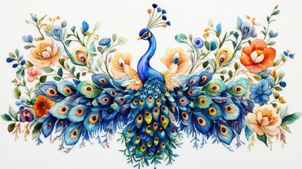 Fototapeta premium Illustration peacock watercolor art embroidery pattern.