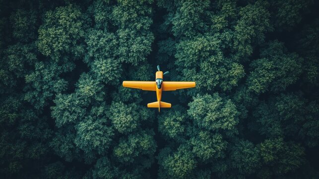 Here's a description and keywords for your image... Aerial view of a small yellow plane flying over a dense green forest.