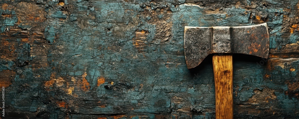 Poster wood cutting axe displayed flat with abstract texture ideal as a backdrop for a copy space image