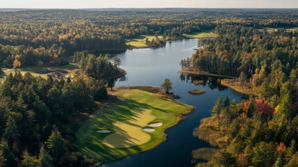Naklejka premium A bird's-eye view of a golf course surrounded by lakes and trees.