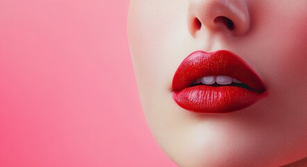 Naklejka premium A captivating beauty portrait of an attractive woman with vibrant red lipstick and eye shadow, posing in front of a soft pink background