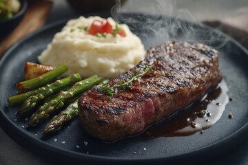 Grilled steak, mashed potatoes, and veggies. Generative AI