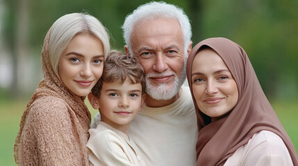 Fototapeta premium Elderly man with family in a park, smiling warmly at the camera, AI