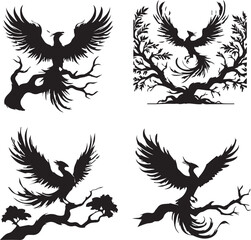 Obraz premium Elegant Phoenix Silhouettes on Tree Branches - Nature-Inspired Vector Art
