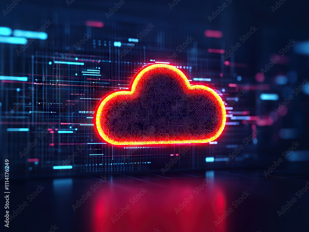 Poster glowing red digital cloud with data charts and futuristic technology background