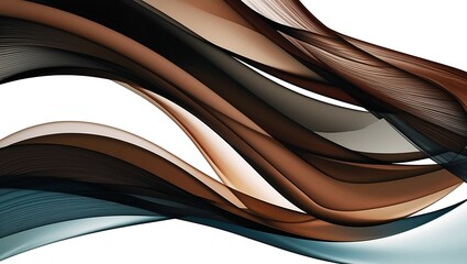 Abstract digital artwork with intertwined glossy ribbons in earthy tones of brown, beige, and teal. Dynamic composition on a light gray background, modern and fluid.