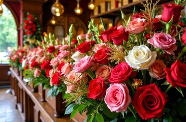 A variety of flower arrangements are displayed in the window of the flower shop, the concept of a flower shop and delivery.
