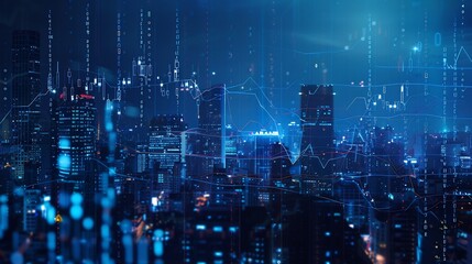 Futuristic Cityscape with Dynamic Financial Data Overlay
