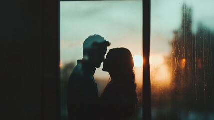 Romantic silhouettes of couples against the backdrop of sunset and city lights, conveying the warmth, love and tenderness of the moment. A kiss, lovers, the light of the night city. copy space